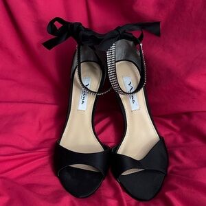 Nina Black Satin Heels with Rhinestone Strap
